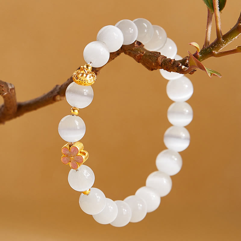 Buddha Stones 925 Sterling Silver Peach Blossom Lucky Bag White Cat's Eye Luck Bracelet - image 3