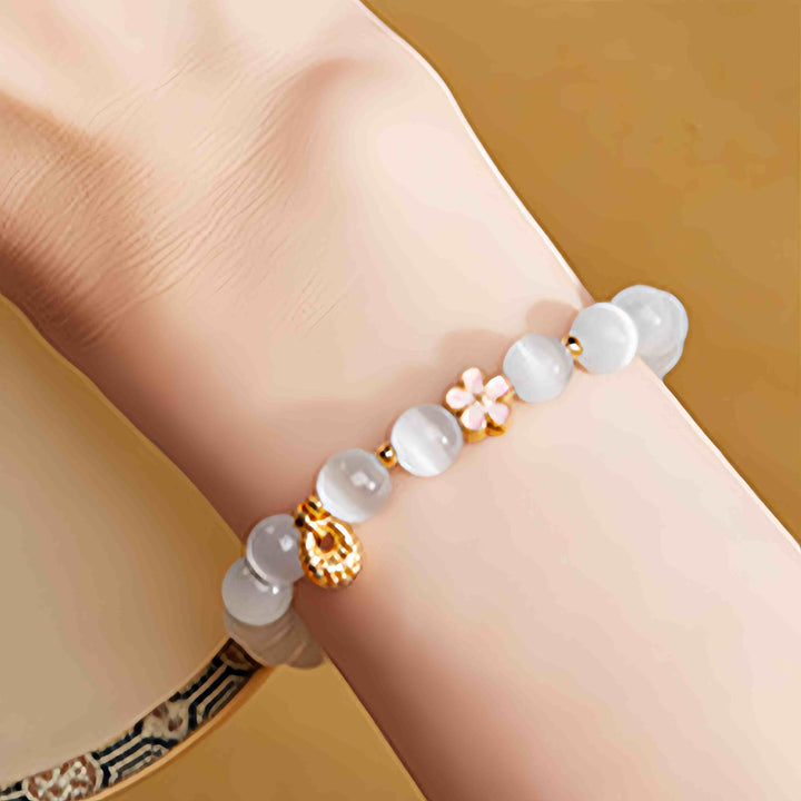 Buddha Stones 925 Sterling Silver Peach Blossom Lucky Bag White Cat's Eye Luck Bracelet - image 10