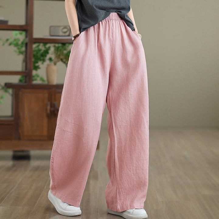 Buddha Stones Casual Plain Cotton Women's Wide Leg Pants With Pockets - Pink - US12，UK/AU16，EU44 (3XL) - image 6