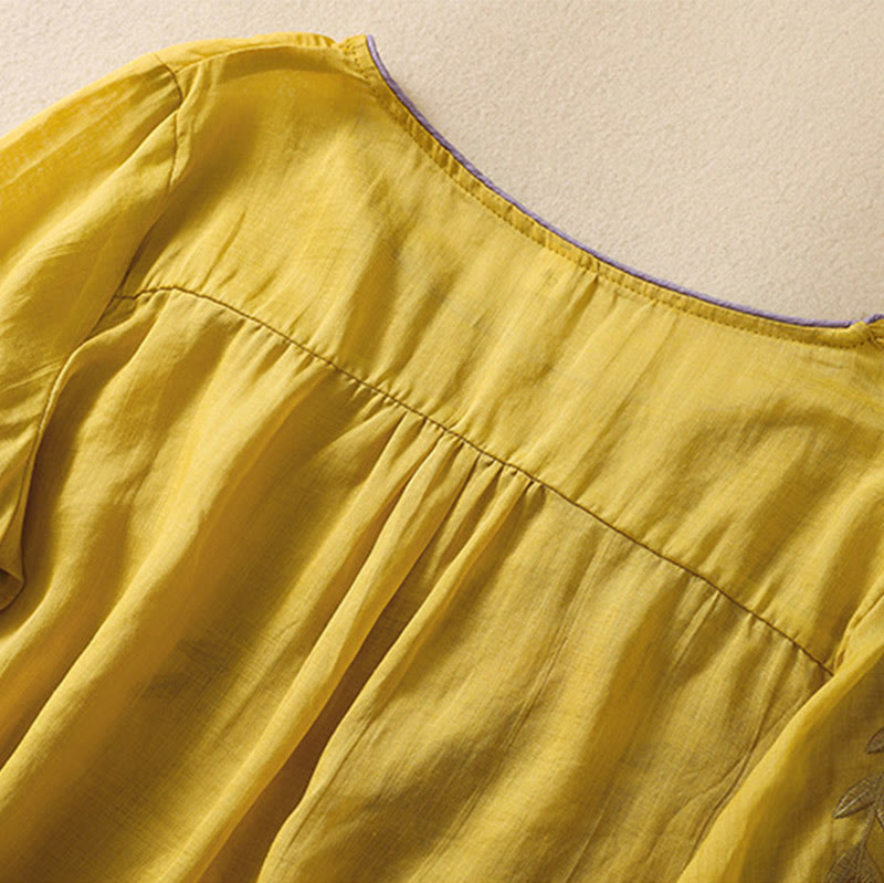 Buddha Stones Embroidery Leaves Women's Cotton Linen Half Sleeve T-shirt - image 5