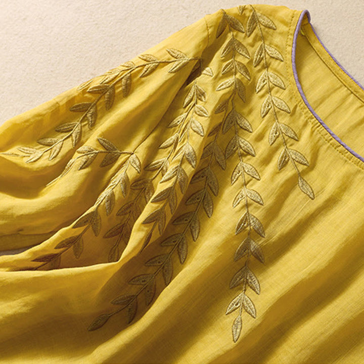 Buddha Stones Embroidery Leaves Women's Half Sleeve T-shirt - image 2