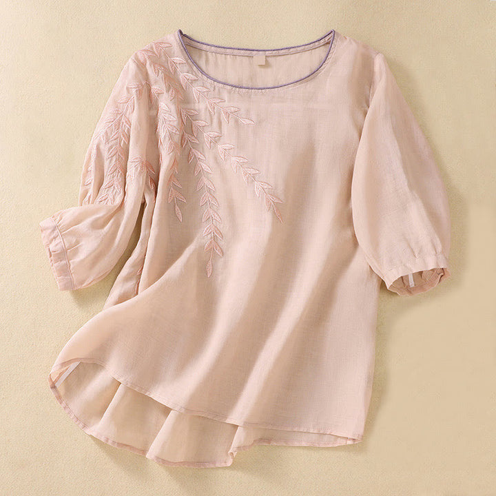 Buddha Stones Embroidery Leaves Women's Half Sleeve T-shirt - MistyRose - US8-10，UK/AU12-14，EU40-42 (2XL) - image 11
