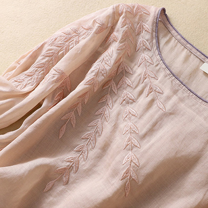 Buddha Stones Embroidery Leaves Women's Cotton Linen Half Sleeve T-shirt - image 13