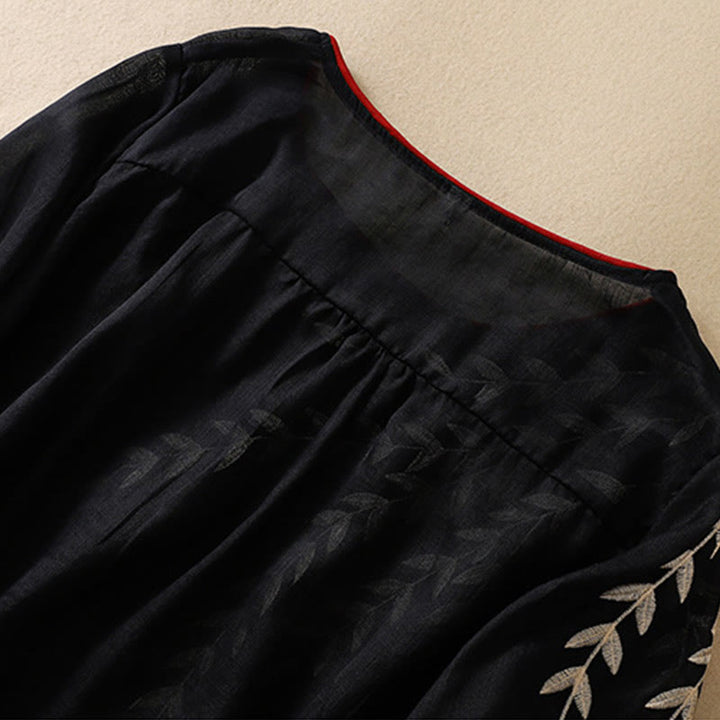 Buddha Stones Embroidery Leaves Women's Cotton Linen Half Sleeve T-shirt - image 25