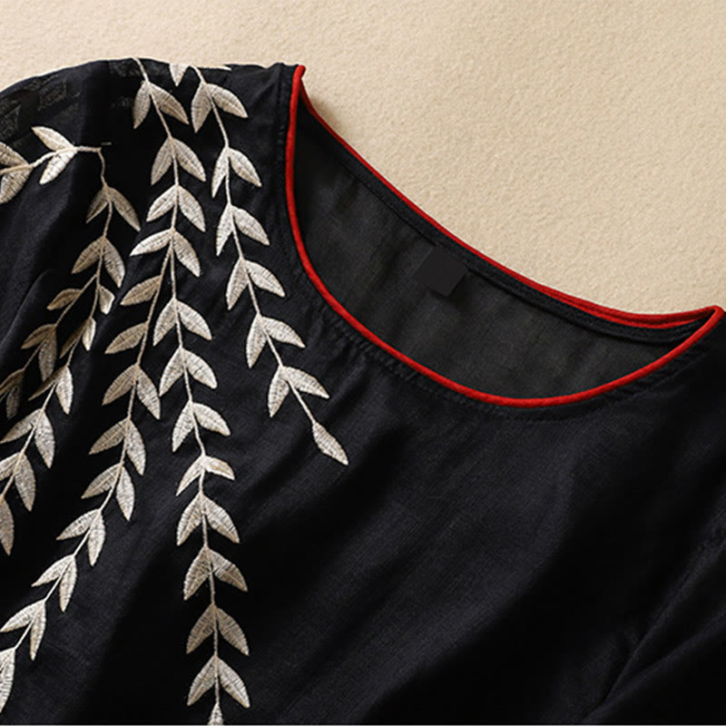 Buddha Stones Embroidery Leaves Women's Cotton Linen Half Sleeve T-shirt - image 24