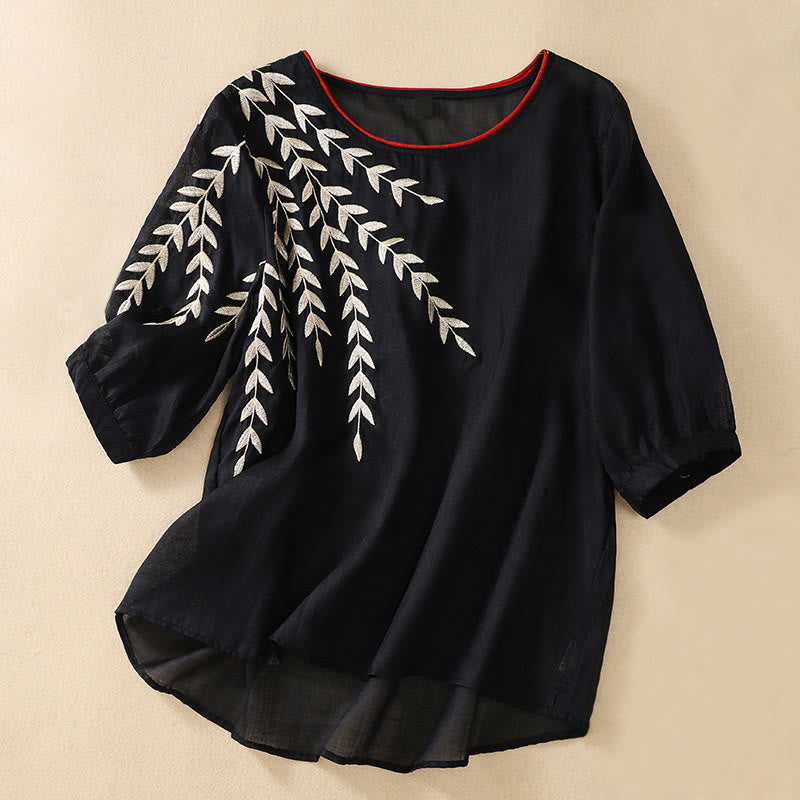 Buddha Stones Embroidery Leaves Women's Half Sleeve T-shirt - Black - US8-10，UK/AU12-14，EU40-42 (2XL) - image 22