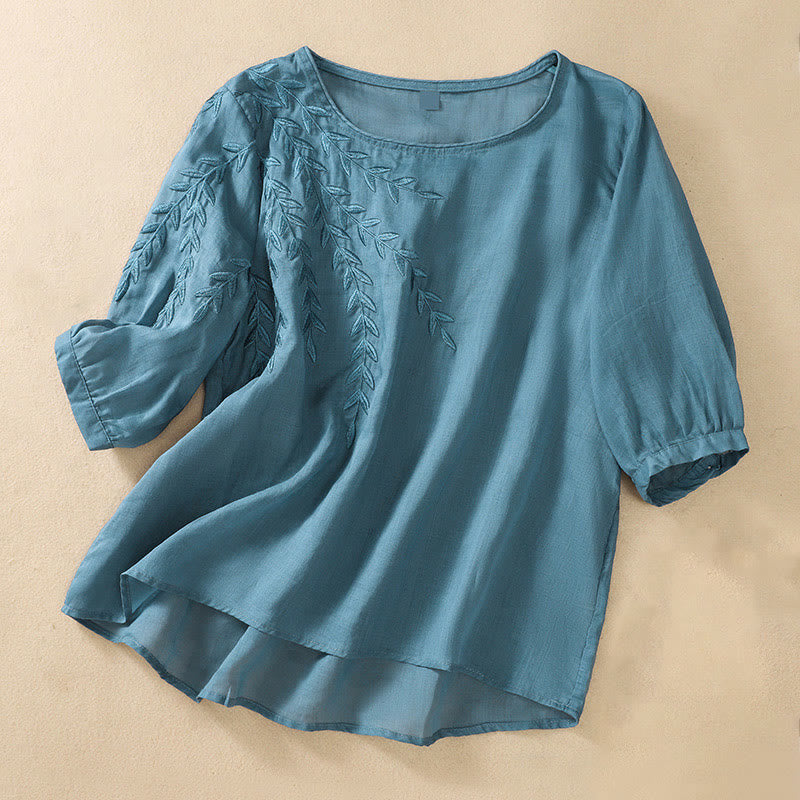 Buddha Stones Embroidery Leaves Women's Cotton Linen Half Sleeve T-shirt - SteelBlue - US8-10，UK/AU12-14，EU40-42 (2XL) - image 30