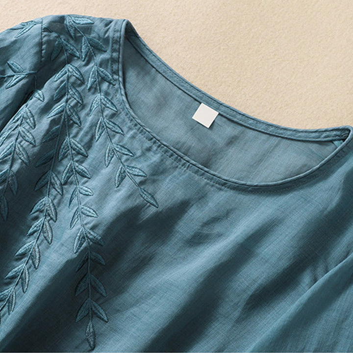 Buddha Stones Embroidery Leaves Women's Cotton Linen Half Sleeve T-shirt - image 32