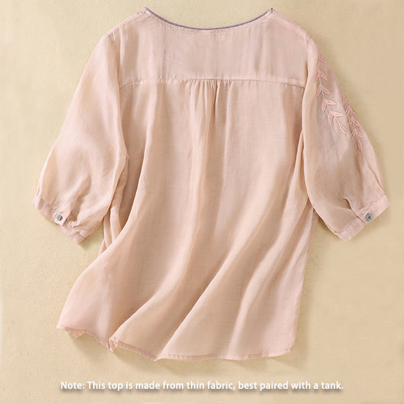 Buddha Stones Embroidery Leaves Women's Half Sleeve T-shirt - image 12