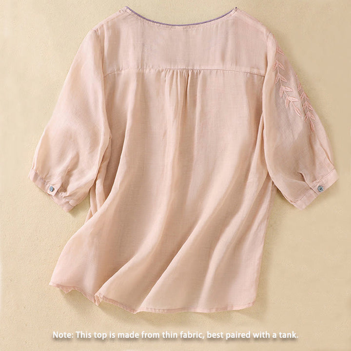 Buddha Stones Embroidery Leaves Women's Cotton Linen Half Sleeve T-shirt - image 12