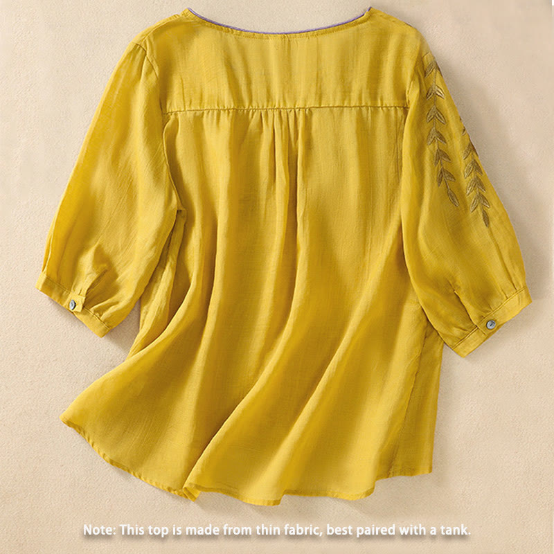 Buddha Stones Embroidery Leaves Women's Half Sleeve T-shirt - image 1