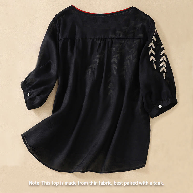 Buddha Stones Embroidery Leaves Women's Half Sleeve T-shirt - image 23