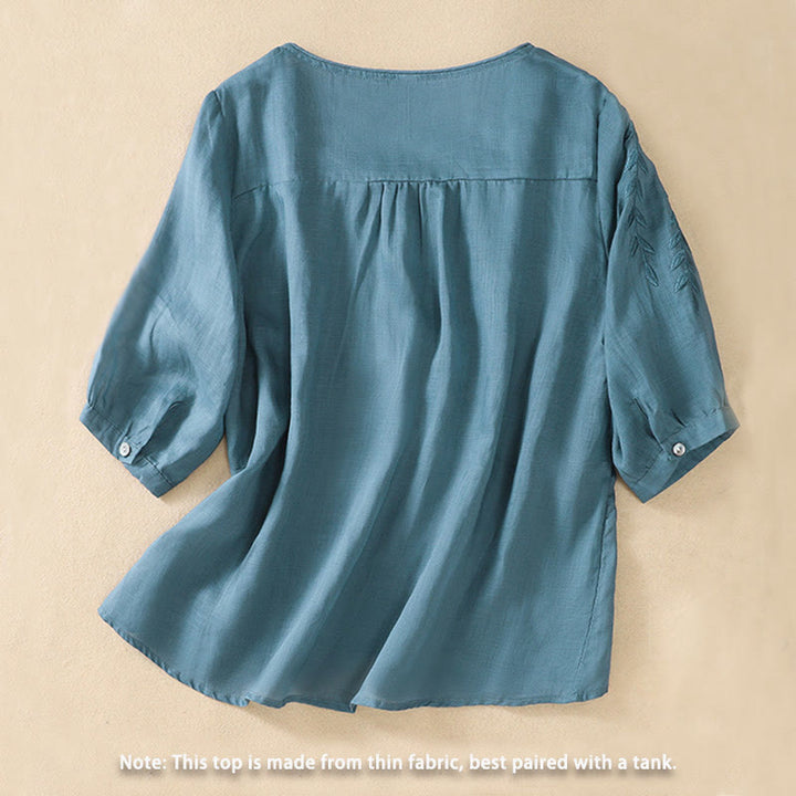 Buddha Stones Embroidery Leaves Women's Cotton Linen Half Sleeve T-shirt - image 31