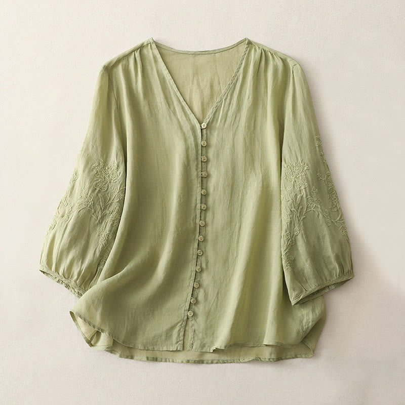 Buddha Stones Embroidery Button-down Women's Cotton Linen Shirt - YellowGreen - US8-10，UK/AU12-14，EU40-42 (2XL) - image 0