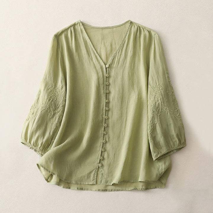 Buddha Stones Embroidery Button-down Women's Cotton Linen Shirt - YellowGreen - US8-10，UK/AU12-14，EU40-42 (2XL) - image 0