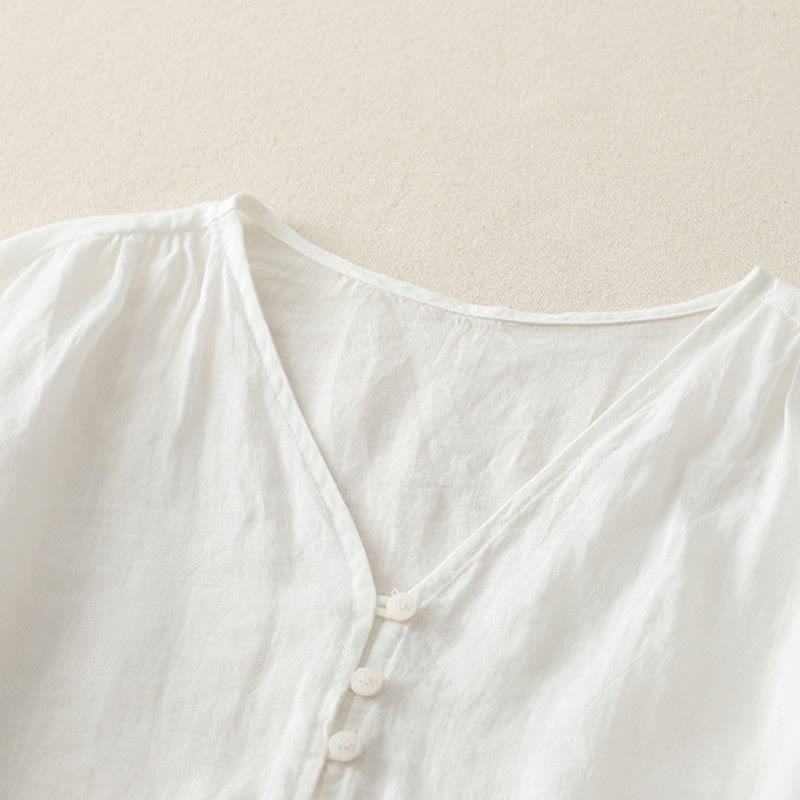 Buddha Stones Embroidery Button-down Women's Cotton Linen Shirt - image 8