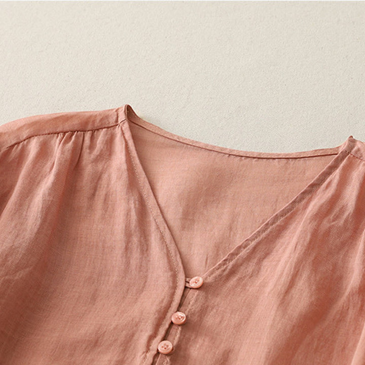 Buddha Stones Embroidery Button-down Women's Cotton Linen Shirt - image 26