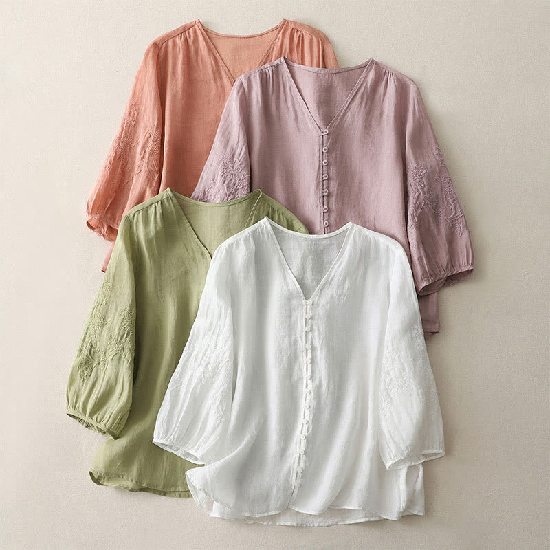 Buddha Stones Embroidery Button-down Women's Cotton Linen Shirt - image 28