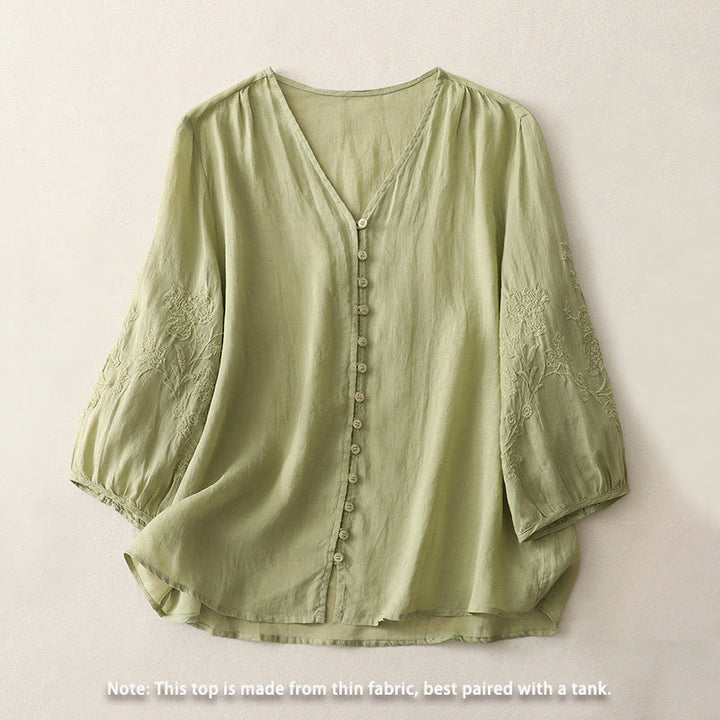 Buddha Stones Embroidery Button-down Women's Cotton Linen Shirt - image 1