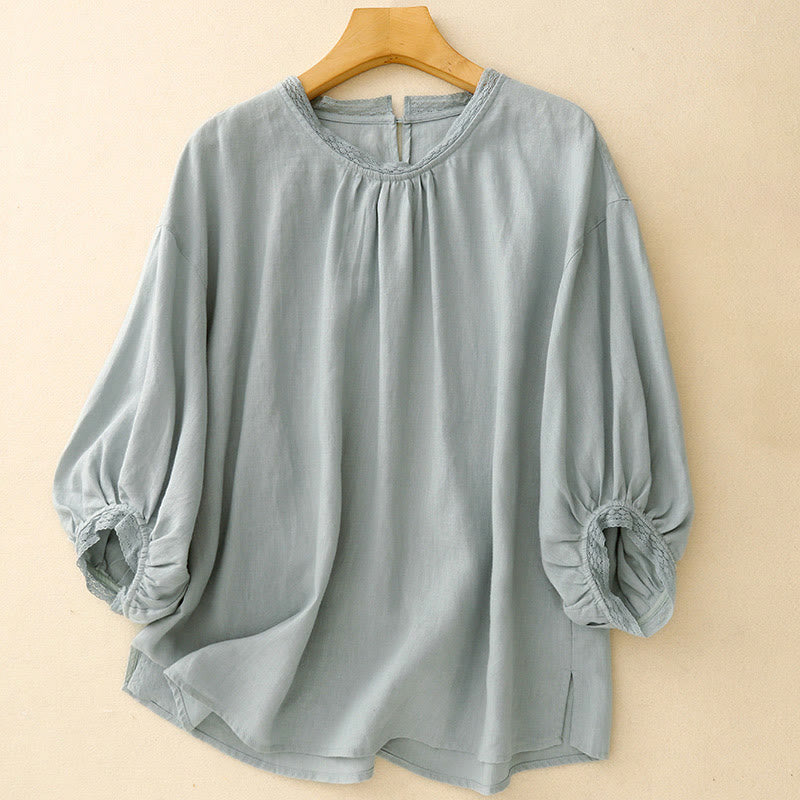 Buddha Stones Plain Lantern Sleeves Women's Cotton Shirt - LightBlue - US12，UK/AU16，EU44 (2XL) - image 0