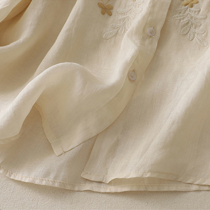 Buddha Stones Embroidery Flowers Single Breasted Women's Cotton Linen Shirt - image 2