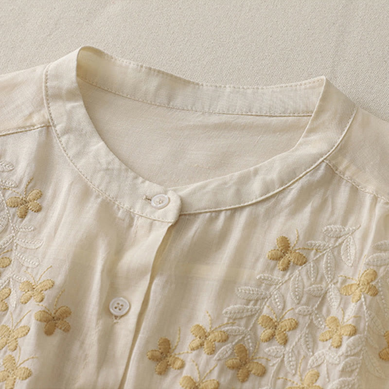 Buddha Stones Embroidery Flowers Single Breasted Women's Cotton Linen Shirt - image 6