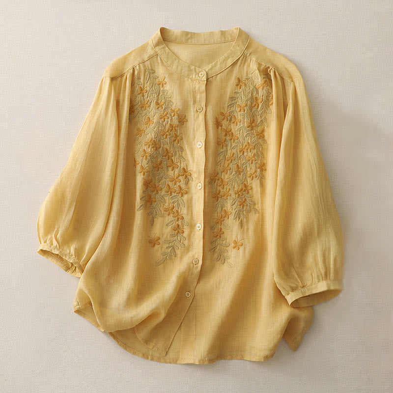 Buddha Stones Embroidery Flowers Single Breasted Women's Cotton Linen Shirt - Goldenrod - US14，UK/AU18，EU46 (2XL) - image 7