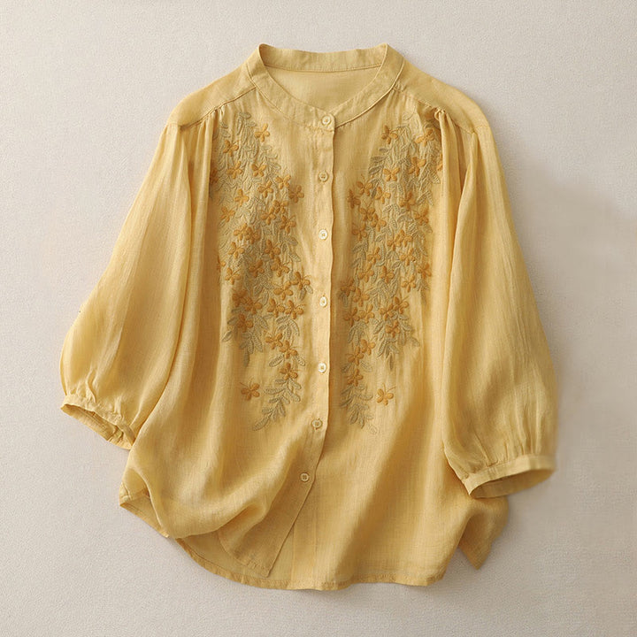 Buddha Stones Embroidery Flowers Single Breasted Women's Cotton Linen Shirt - Goldenrod - US14，UK/AU18，EU46 (2XL) - image 7