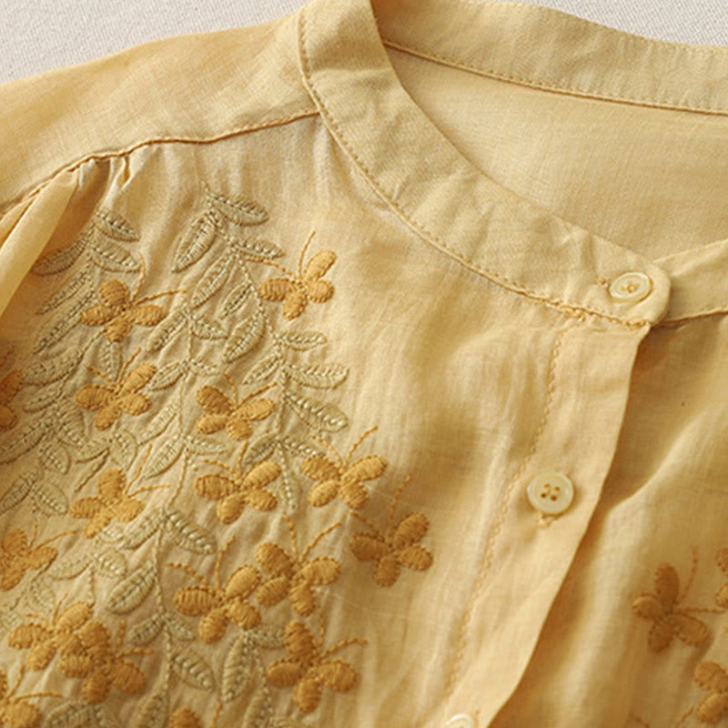 Buddha Stones Embroidery Flowers Single Breasted Women's Cotton Linen Shirt - image 11