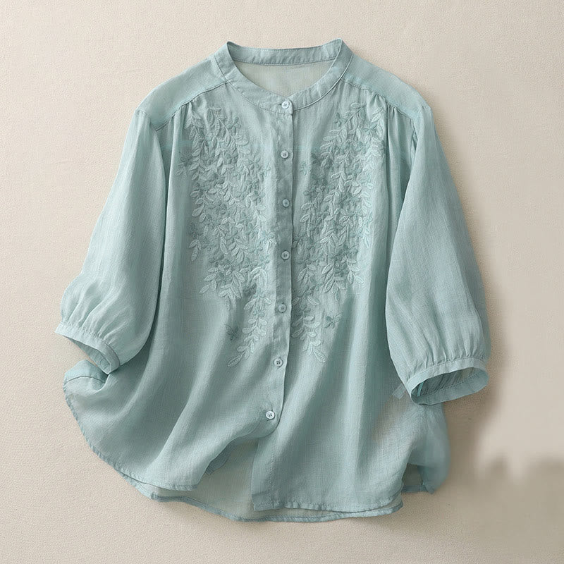 Buddha Stones Embroidery Flowers Single Breasted Women's Cotton Linen Shirt - PowderBlue - US14，UK/AU18，EU46 (2XL) - image 19