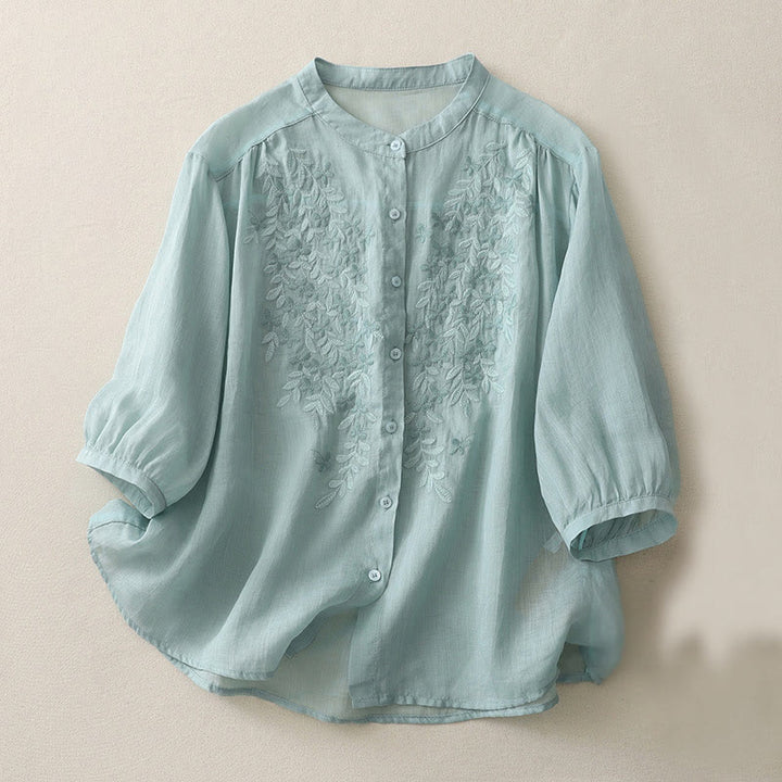Buddha Stones Embroidery Flowers Single Breasted Women's Cotton Linen Shirt - PowderBlue - US14，UK/AU18，EU46 (2XL) - image 19