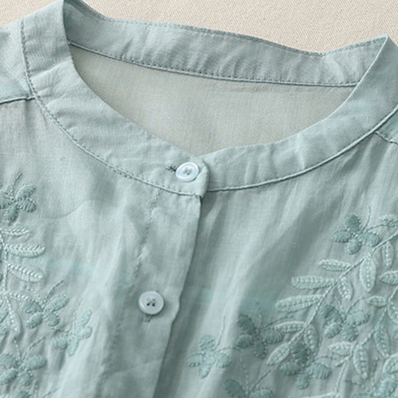 Buddha Stones Embroidery Flowers Single Breasted Women's Cotton Linen Shirt - image 22