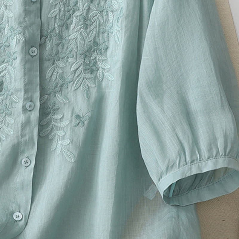 Buddha Stones Embroidery Flowers Single Breasted Women's Cotton Linen Shirt - image 23