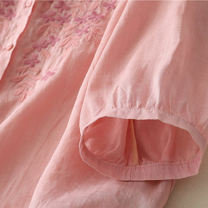 Buddha Stones Embroidery Flowers Single Breasted Women's Cotton Linen Shirt - image 29