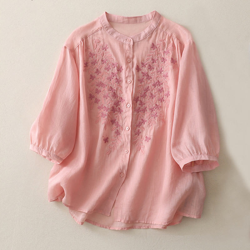 Buddha Stones Embroidery Flowers Single Breasted Women's Cotton Linen Shirt - Pink - US14，UK/AU18，EU46 (2XL) - image 26