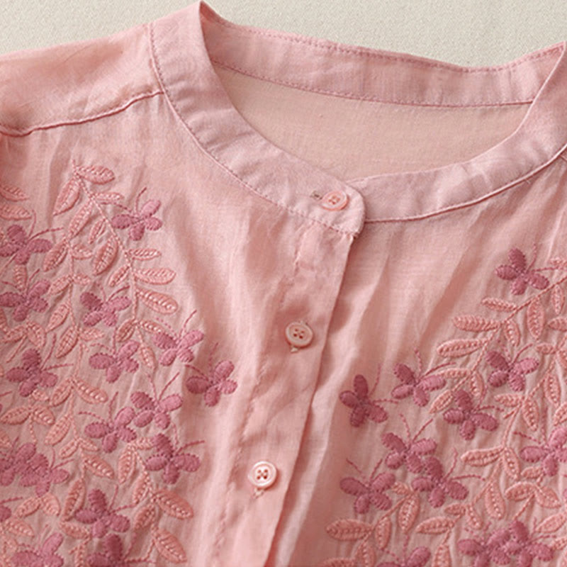 Buddha Stones Embroidery Flowers Single Breasted Women's Cotton Linen Shirt - image 33