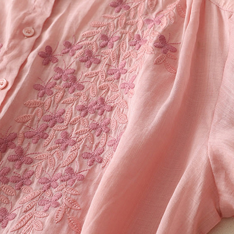 Buddha Stones Embroidery Flowers Single Breasted Women's Cotton Linen Shirt - image 35