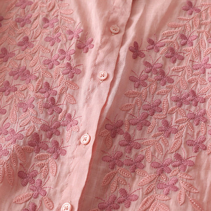 Buddha Stones Embroidery Flowers Single Breasted Women's Cotton Linen Shirt - image 39