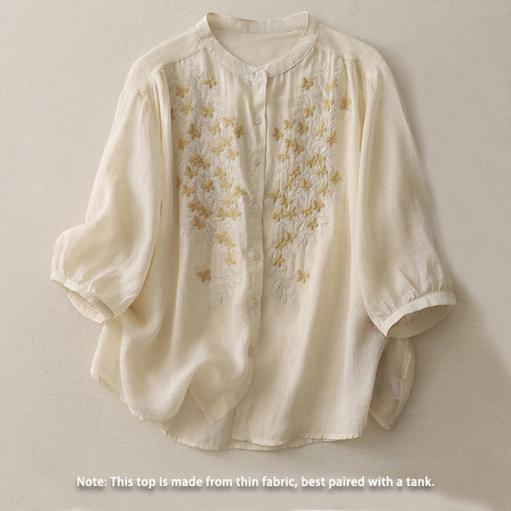 Buddha Stones Embroidery Flowers Single Breasted Women's Cotton Linen Shirt - image 1