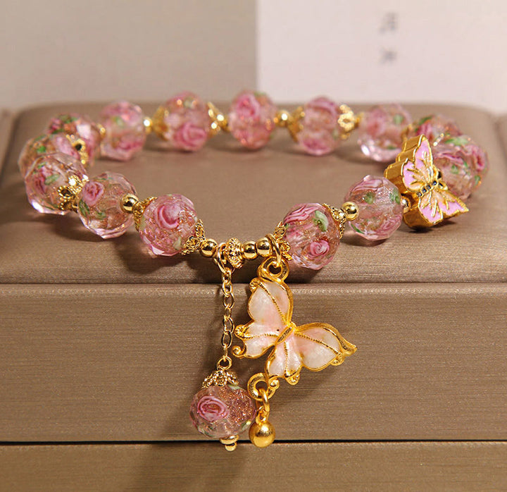 Buddha Stones Butterfly Charm Rose Flower Liuli Bracelet - Pink Liuli(Wrist Circumference: 18cm) - image 8