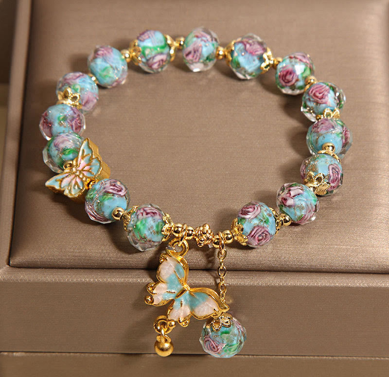 Buddha Stones Butterfly Charm Rose Flower Liuli Bracelet - image 4
