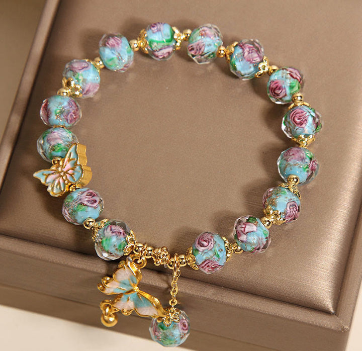 Buddha Stones Butterfly Charm Rose Flower Liuli Bracelet - image 6