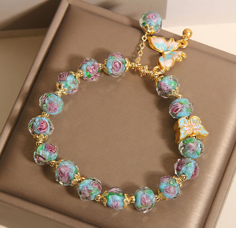 Buddha Stones Butterfly Charm Rose Flower Liuli Bracelet - image 7