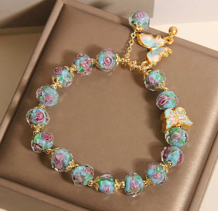 Buddha Stones Butterfly Charm Rose Flower Liuli Bracelet - image 7