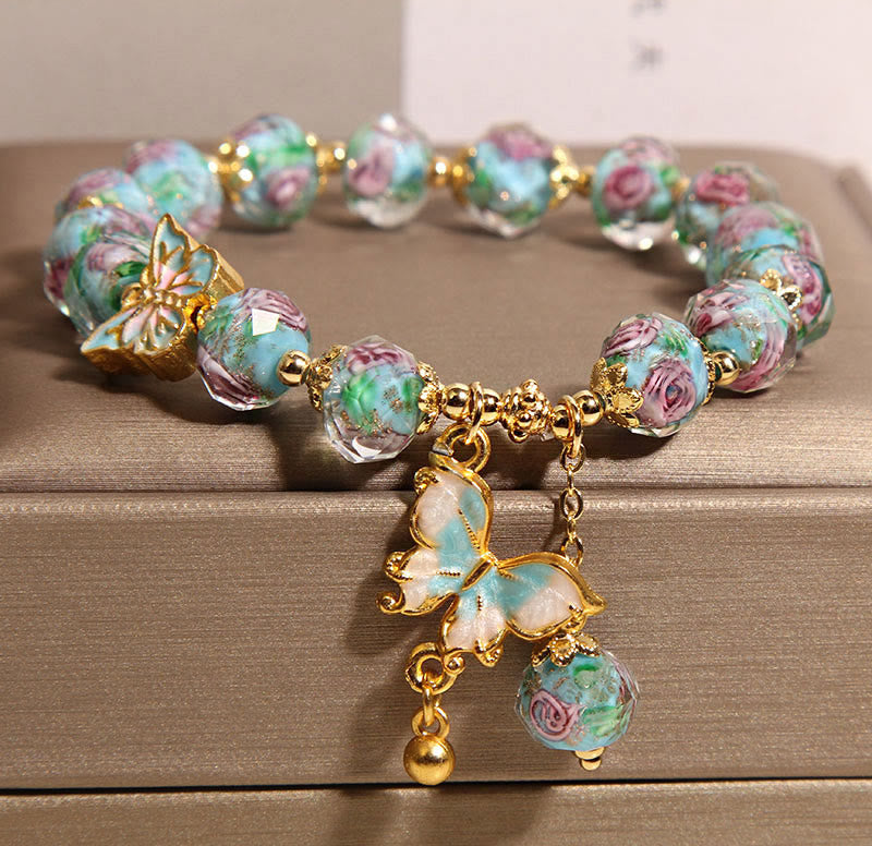 Buddha Stones Butterfly Charm Rose Flower Liuli Bracelet - image 2