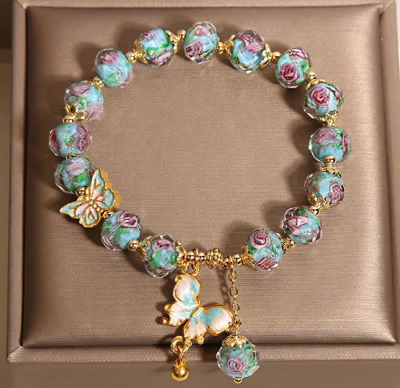 Buddha Stones Butterfly Charm Rose Flower Liuli Bracelet - image 5