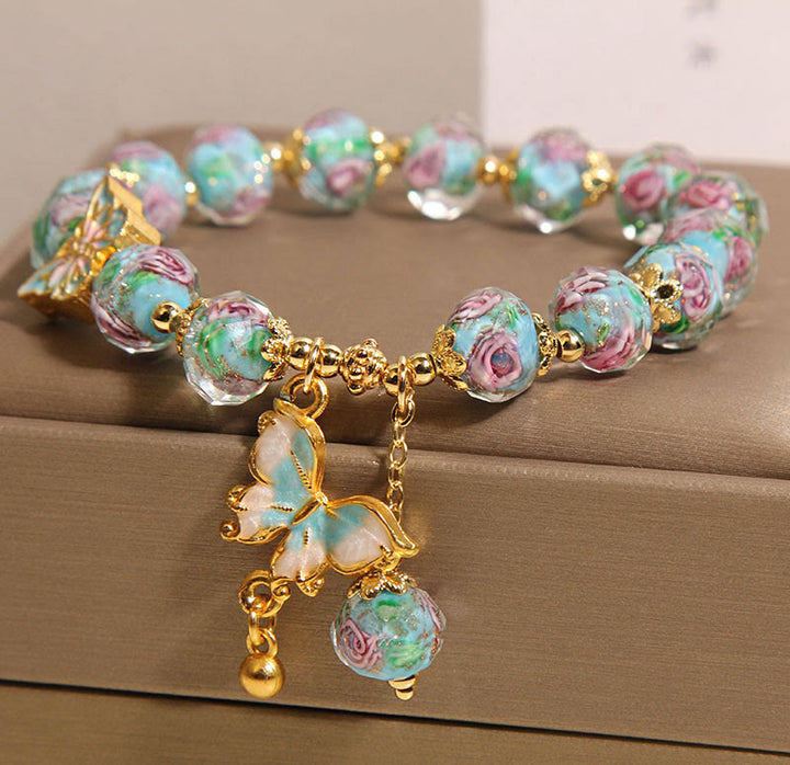 Buddha Stones Butterfly Charm Rose Flower Liuli Bracelet - image 3
