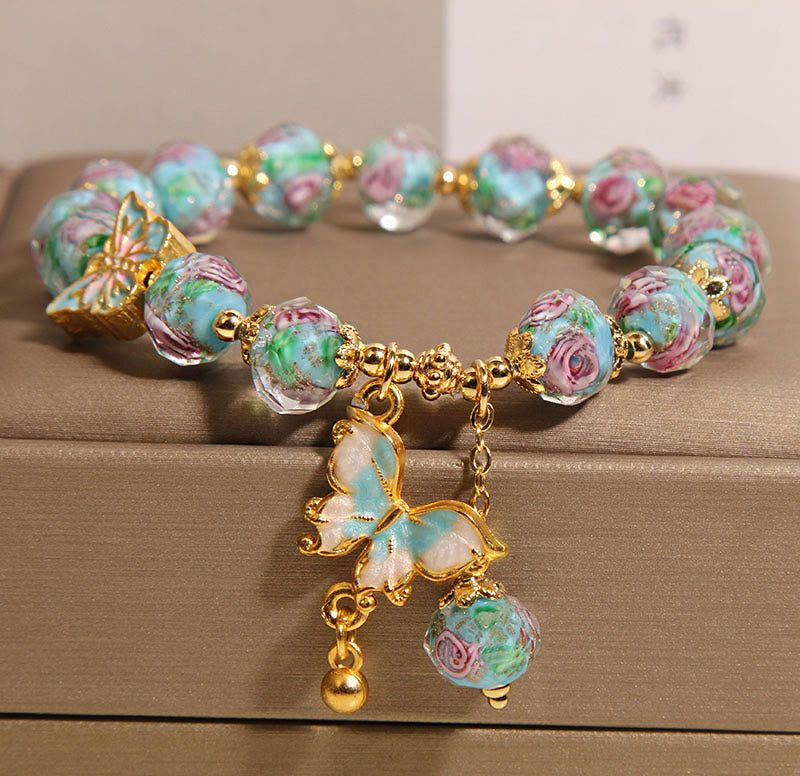 Buddha Stones Butterfly Charm Rose Flower Liuli Bracelet - Blue Liuli(Wrist Circumference: 18cm) - image 1
