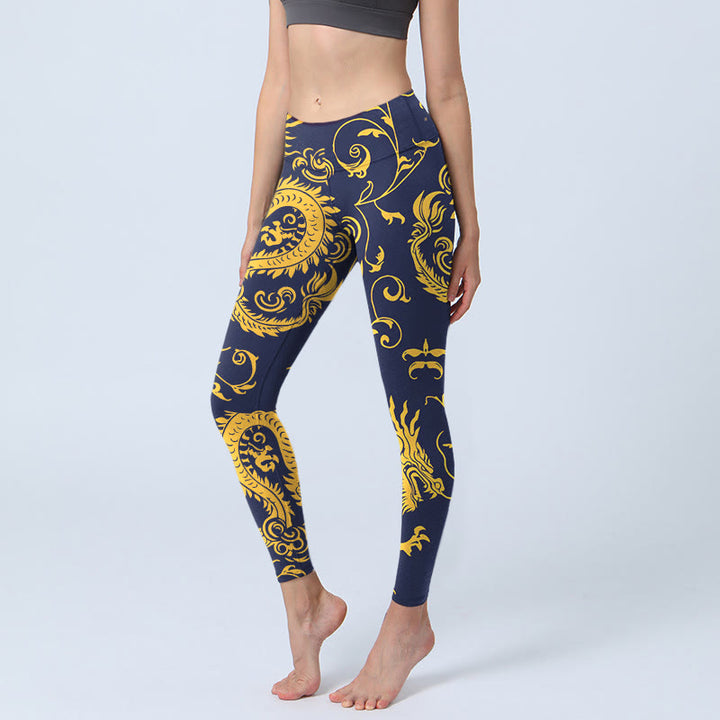 Buddha Stones Golden Dragons Vine Print Gym Leggings Women's Yoga Pants - DarkBlue - US18，UK/AU22，EU50 (4XL) - image 0