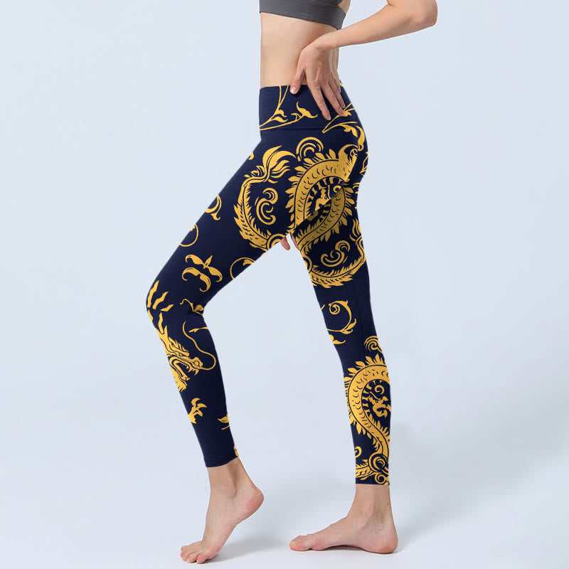 Buddha Stones Golden Dragons Vine Print Gym Leggings Women's Yoga Pants - image 2